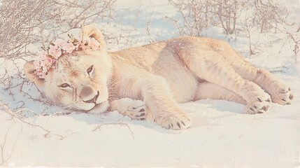 Wall Mural -   A white lion laying in the snow with a pink flower in his mane and a pink flower in her mane