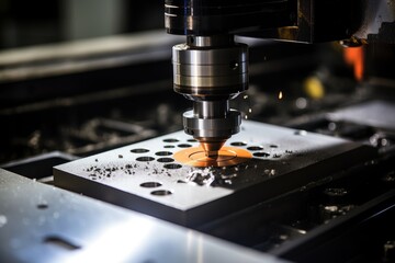 Poster - Precision cnc machine cutting metal sheet with clean edge, focus on falling metal shavings