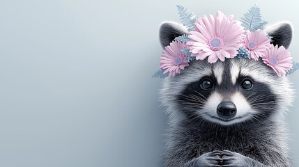 Wall Mural -   Raccoon with pink crown on head stands before wall