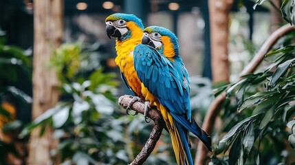 Wall Mural -   Two Blue and Yellow Parrots Sitting on a Branch in a Tropical Setting