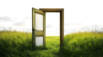 Wall Mural - In a green beautiful field there is an open door in a transparent and white background. PNG.