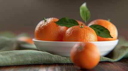 Poster - oranges on a dark green linen cloth with leaves