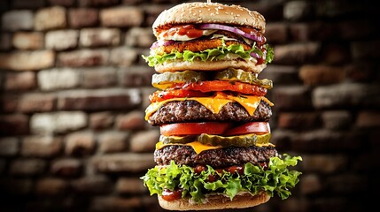 Poster -   Stacked hamburgers with lettuce, tomato, onion, and cheese in front of a brick wall