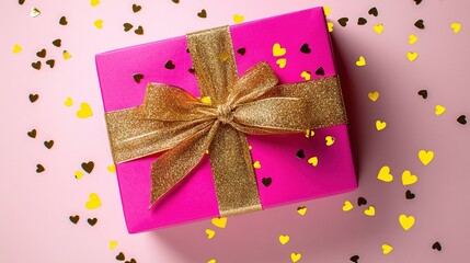 Poster -   A pink gift box with a gold bow on a pink background with gold confetti and confetti hearts is now optimized to 36 tokens