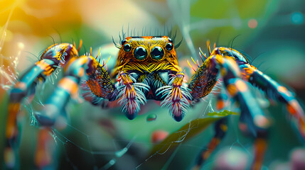 A captivating close-up of a spider with iridescent colors shimmering on its body, set against a blurred background of lush greenery.