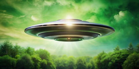 Wall Mural - Unidentified flying object hovering in the sky against a green background, UFO, spaceship, alien, paranormal