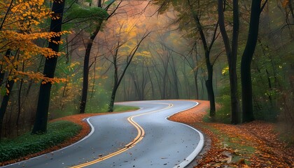 Wall Mural - The winding road in autumn is surrounded by colorful leaves, showing tranquility and beauty.