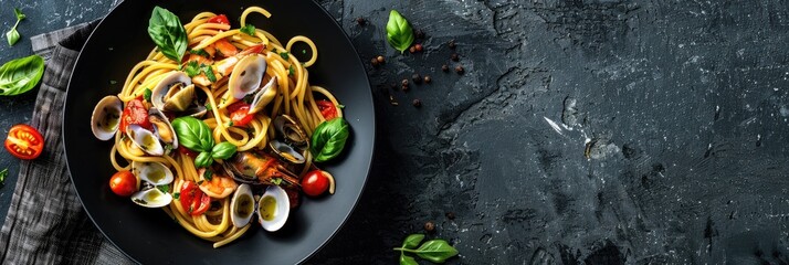 Sticker - Bird's-eye view of spaghetti with clams and tomato in a seafood sauce presented in a stylish Nordic bowl, featuring ample negative space for text.