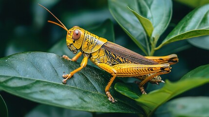 Poster -   Close-up of a grasshopper on a green leafy plant surrounded by numerous leaves