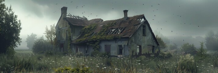 Poster - A rundown house is slowly falling apart.