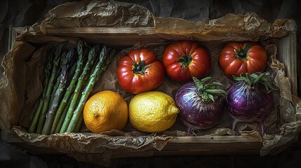 Poster - a box filled with various fruits and veggies, including oranges, asparagus, and lemons