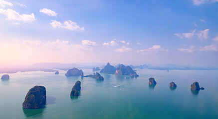 Wall Mural - Panorama limestone island in Phang nga bay with mangrove jungle Thailand, Aerial view. Concept tropical park with blue water in lagoon