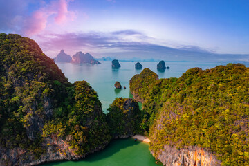 Wall Mural - Aerial panorama sunset landscape national park Phang Nga river with mangrove jungle bay, nature of Thailand.