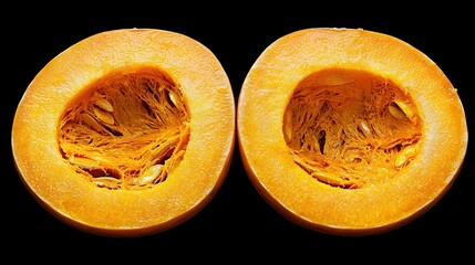  Two pumpkin halves with water droplets on black background