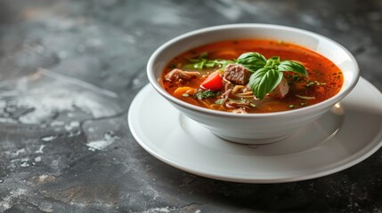 Wall Mural - Tomato vegetable soup in restaurant close up Lamb noodle soup on bone with white plate and space for text