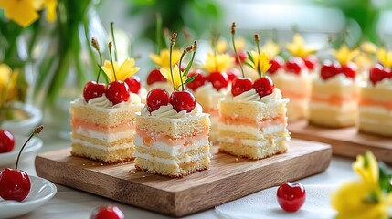 Poster -   Wooden cutting board adorned with cake slices, frosting, cherries, and a cherry on top