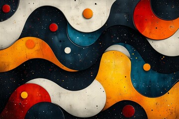 Poster - Abstract design featuring colorful wavy patterns and circular shapes in dark tones