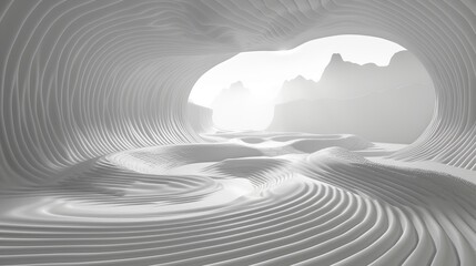 Canvas Print - White Abstract Minimalist Landscape Topography, Wavelike Ridged Relief Surface Tunnel, 3D Rendered