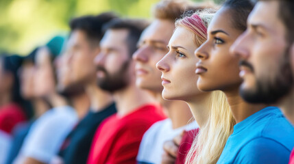 diverse group people in line serious expression united democracy american representation teenage gir