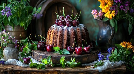 Poster -   A cherry-topped bundt cake displayed on a rustic wooden table, surrounded by a floral arrangement and a vase of wildflowers