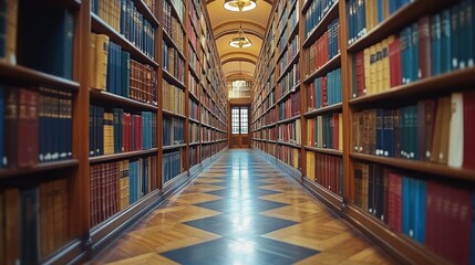 Sticker - A Long Corridor Lined With Bookshelves In A Library