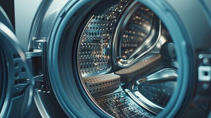 Close Up Inside View Of A Clean, Empty Washing Machine Drum With Chrome Finish And Texture