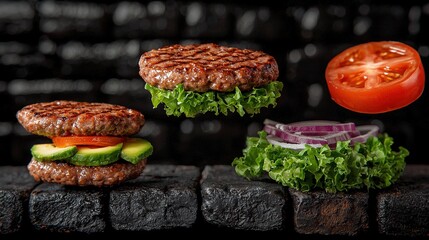 Sticker -   A burger with lettuce, tomato, and cucumber on a rock