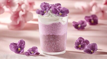 Wall Mural -   A vase brimming with purple blossoms rests atop a bed of lilac petals