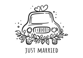 Wedding car with flowers in sketch style. Hand Drawn Marriage Icon. Just married. Cute doodle vector illustration isolated on white for invitations, greeting cards, posters, timeline