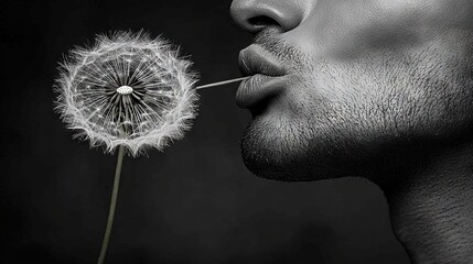 Poster -   A photo of a man blowing a dandelion with his nose to its side, in black and white