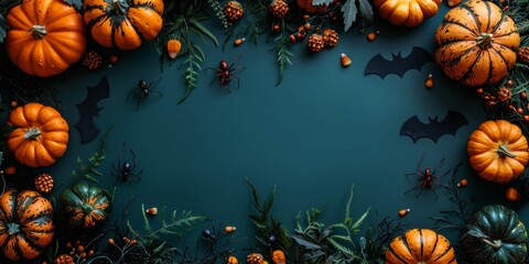 Wall Mural - halloween composition with pumpkins, bats and spiders