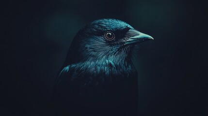 Wall Mural -   Black bird on dark background with red eye spot