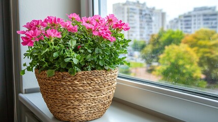 Poster -   A potted plant sits on a windowsill, framing the view of a bustling city outside