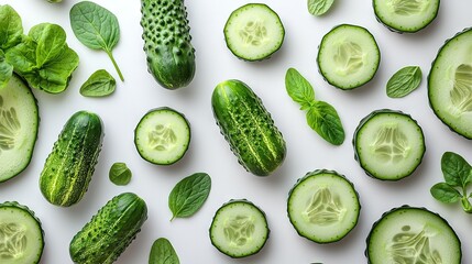 Sticker -   A collection of cucumbers with surrounding foliage on a white background, featuring one cucumber split in two