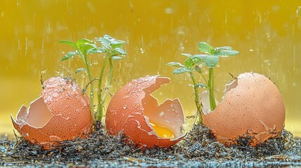 Poster -  A cluster of eggs with sprouts protruding, resting amidst a pool of water against a vibrant yellow backdrop