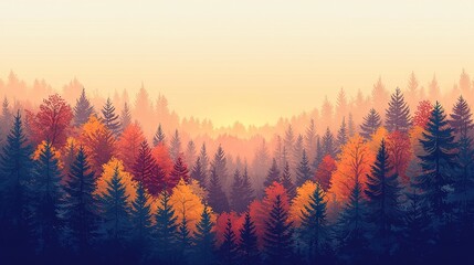 Sticker -   A painting depicts a dense forest in the foreground against a bright yellow background sky