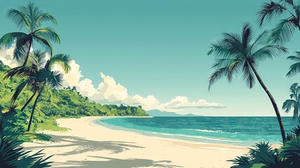 Canvas Print -  A vibrant painting of a beach paradise, featuring swaying palm trees, pristine white sand, and a captivating blue sky (42 tokens