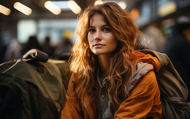 Wall Mural - A woman with long red hair is sitting on a bench with a backpack on her lap. She is wearing a yellow jacket and she is waiting for someone