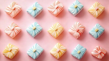 Canvas Print -   Close-up of diverse candies on pink backdrop with blue, yellow, and white striped ribbon