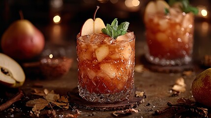 Poster -   A glass of drink with close-up image of apples and leaves on the side