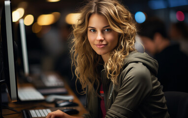 Wall Mural - A woman with long hair is sitting at a computer desk. She is smiling and looking at the camera