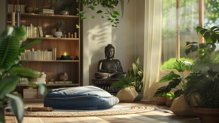 Wall Mural - Serene japandi living room with zen corner, rustic wooden shelves, and cozy decor