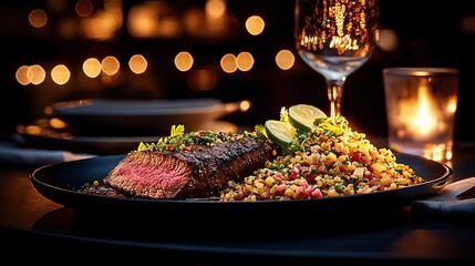   A plate of steak, corn, and a glass of wine on a table with a candle in the background