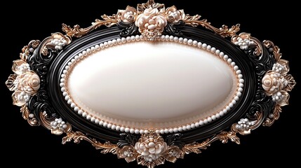 Wall Mural -   Black and gold frame adorned with pearls and flowers on a dark backdrop