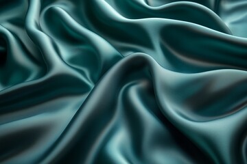 Wall Mural - Luxurious teal satin fabric draped elegantly on a surface, capturing light and texture in a soft, flowing arrangement