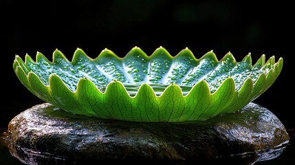 Canvas Print -   A lush green plant perched atop a rock, overlooking a serene body of water, adorned with sparkling droplets of water