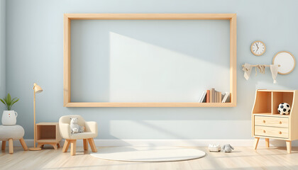 Wall Mural - Mock up frame in children room with natural wooden furniture, 3D render isolated with white highlights, png