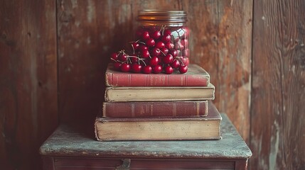 Canvas Print -   A jar filled with cherries atop a pile of books on a table