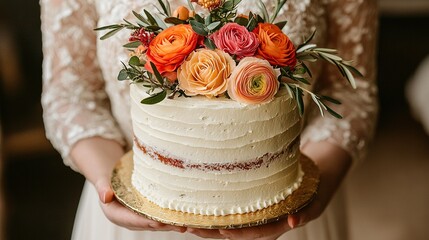 Canvas Print -   A macro shot of an individual cradling a pastry adorned with whipped cream and floral embellishments