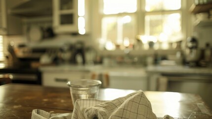 Poster - Blurry kitchen scene with emphasis on napkin and table area